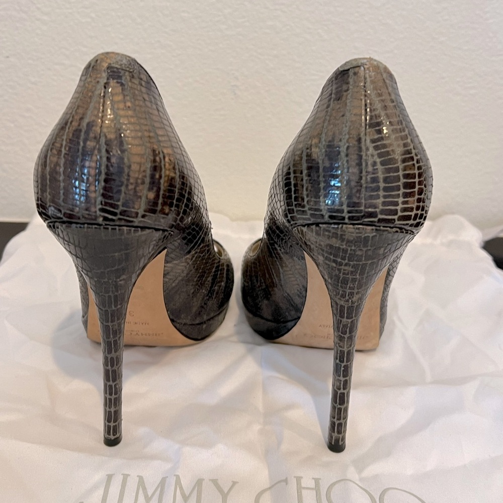 Jimmy Choo Gray Reptile Leather Peep Toe Stiletto High Heels 38 - Picture 5 of 9